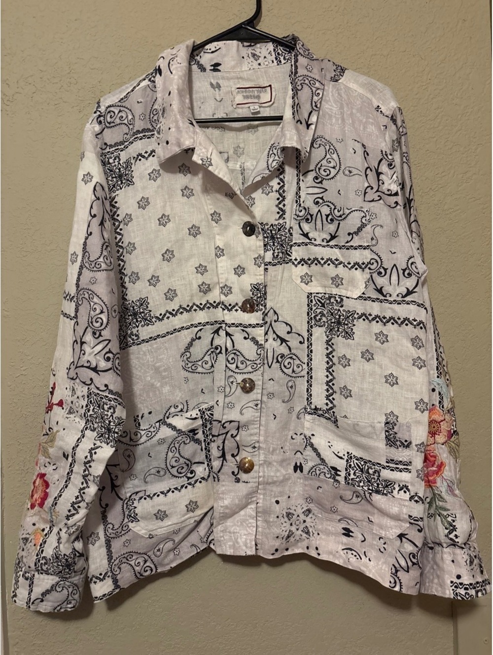 Johnny Was Workshop Linen Button-Up Shirt with Floral Embroidery, Size L